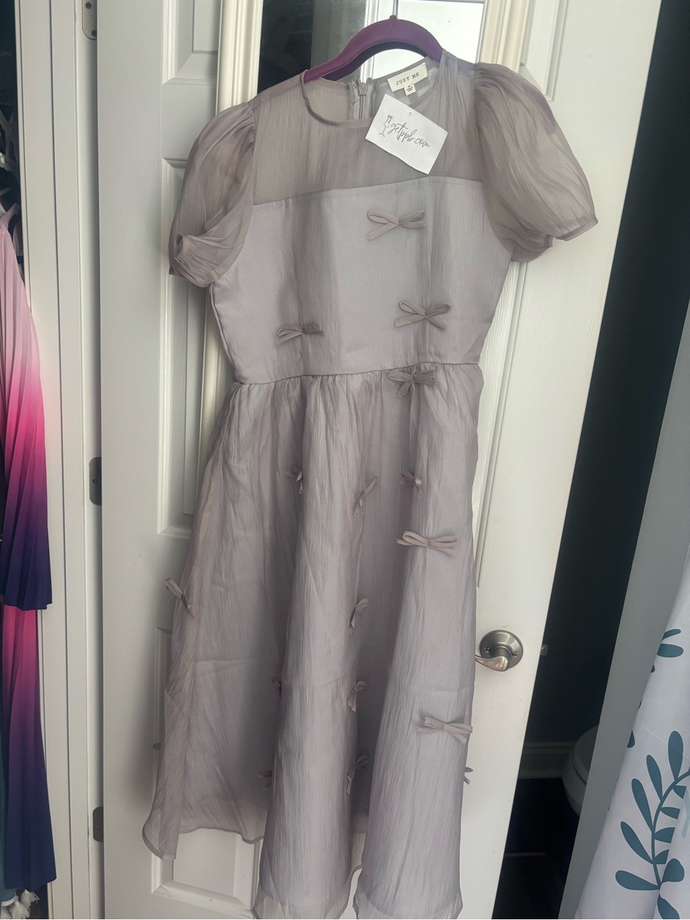 Just Me gray Taupe Bow-Appliqué Puff-Sleeve Formal Dress